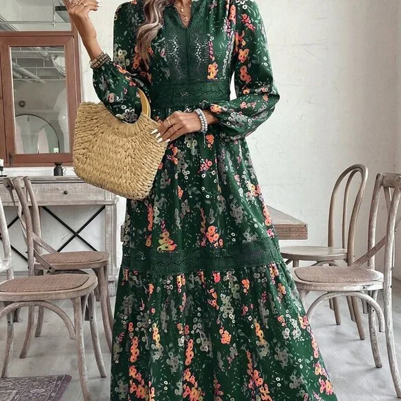 Green Boho Elegant Women's Floral Lace Trim Maxi Dress
